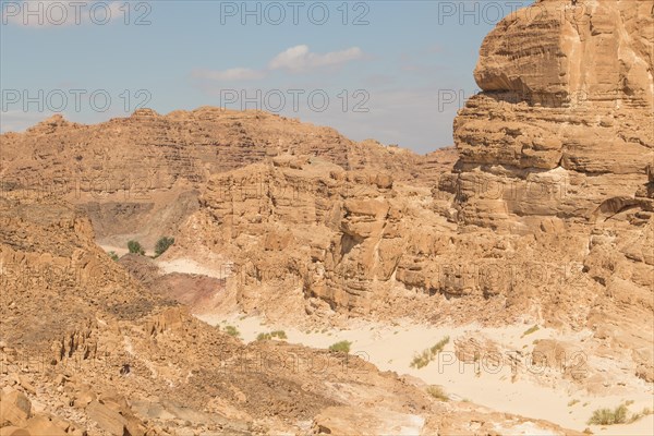 White canyon with yellow rocks, sunny day. Egypt, desert, the Sinai Peninsula, Nuweiba, Dahab