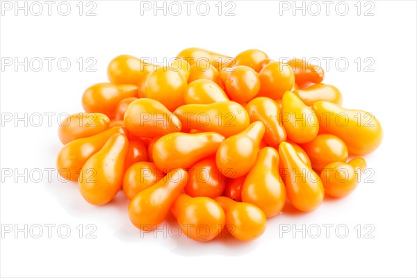 Bunch of small ripe orange grape tomatoes isolated on white background. side view, close up