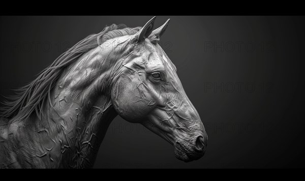 Monochromatic image of a sculpted horse head with a metallic texture AI generated