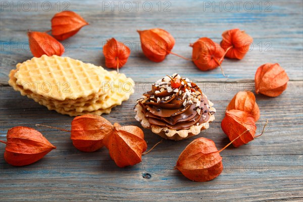 Sweet waffle, cake with cream and red physalis on a rustic blue wooden background