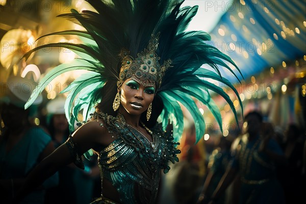 Captivating image capturing the essence of the Rio Carnival, showcasing a dancer adorned in an elaborate, vibrant costume, embodying the spirit and energy of this iconic festival, AI generated