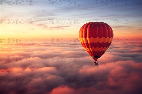 Colorful hot air balloon floats over a sea of clouds at sunset at sunset with orange and blue skies in the background. Travel journey adventure beauty of nature concept, AI generated