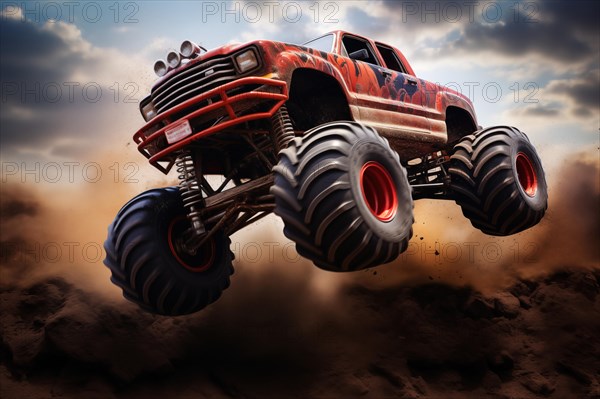 Monster truck driving and jumping outdoors amidst a cloud of dust. Thrill and adrenaline of an outdoor racing event on off-road terrain, AI generated