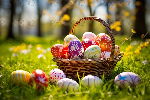 Painted Easter eggs nestled in a basket, surrounded by the lush greenery of spring and bathed in warm sunlight in forest park on grass. The festive spirit of Easter and the joy of nature, AI generated