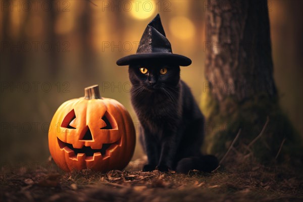 Black cat with Halloween witch costume hat and carved pumpkin in forest. KI generiert, generiert AI generated