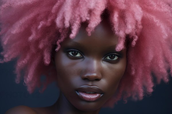 Face of afro american woman with dark skin and curly pastel pink dyed hair. KI generiert, generiert AI generated