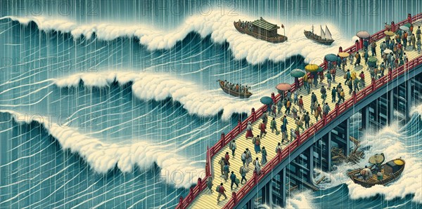 Stylized horizontal illustration of people commuting, crossing a bridge in a sudden rain as boats navigate large waves beneath them, AI generated