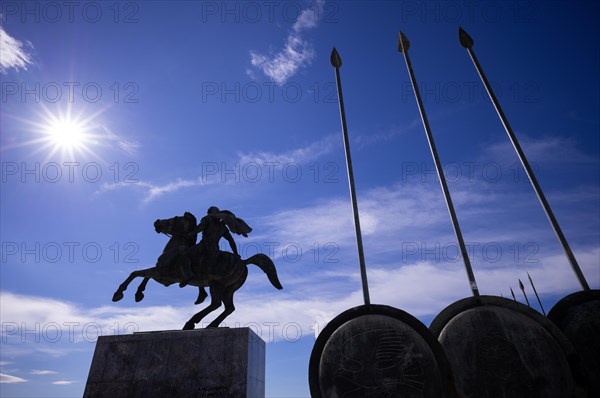 Statue, monument, military leader Alexander the Great on his horse Voukefalas, shields, spears, promenade, Thessaloniki, Macedonia, Greece, Europe