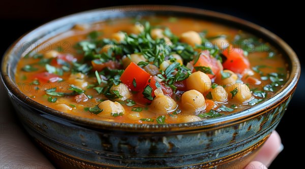 A rustic bowl of Harira Moroccan soup with chickpea and tomato garnished with parsley on a dark surface, ai generated, AI generated