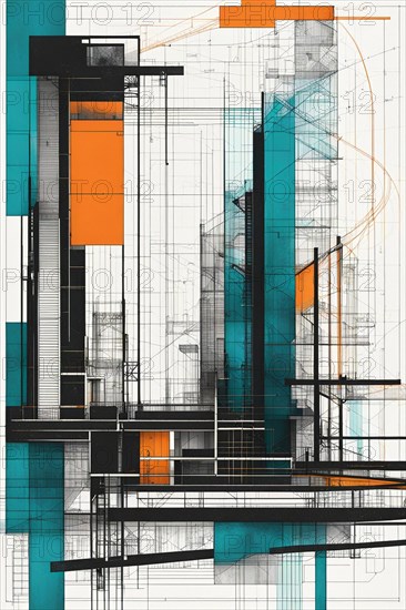 An abstract geometric design simulating architectural blueprints with teal and orange accents, vertical aspect ratio, off white background color AI generated
