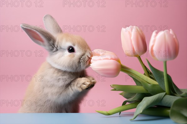 Cute little bunny sniffing pink tulip spring flowers. KI generiert, generiert AI generated