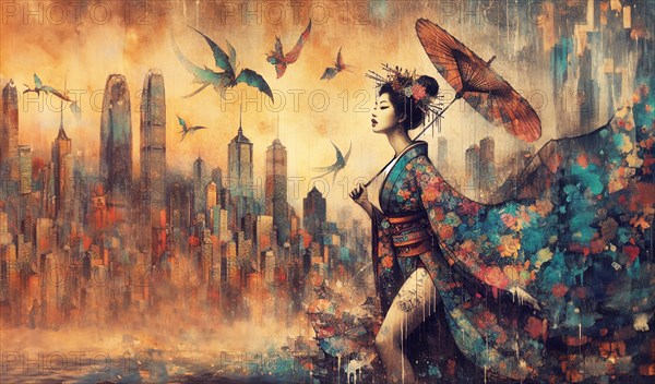Elegant geisha with tattoo looking over a cityscape, surrounded by flowers in sunset colors, shunga vintage japanese themed style art, AI generated
