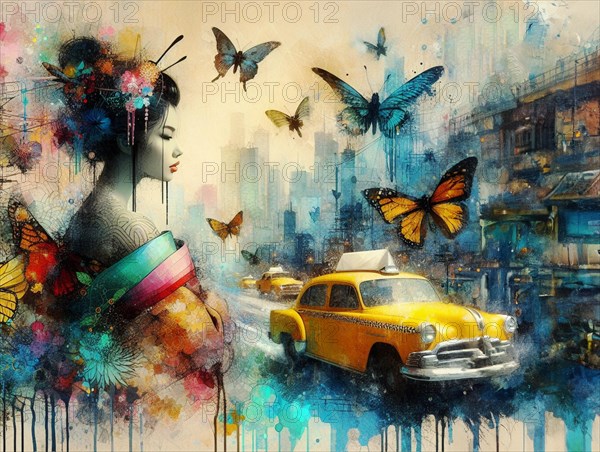 Artistic rendering of a woman's profile with butterflies against a backdrop with a yellow taxi, shunga vintage japanese themed style art, AI generated