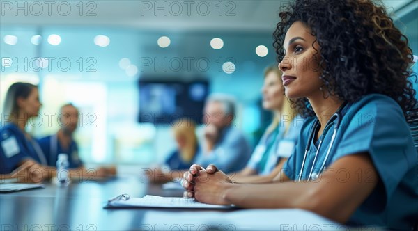 Diverse group of healthcare professionals attentively listening during a medical briefing, ai generated, AI generated
