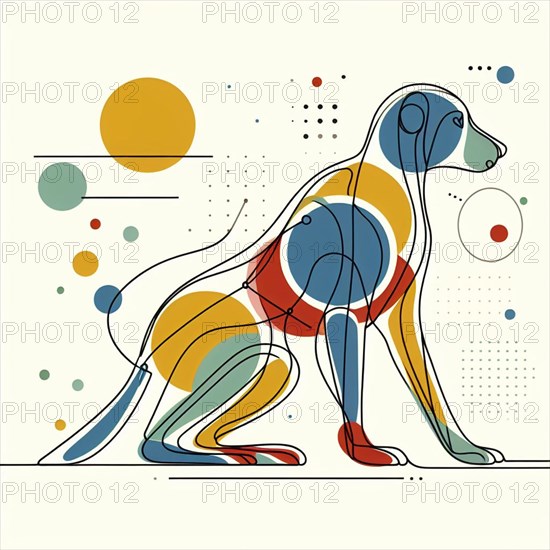 Stylized colorful geometric illustration of a dog with abstract shapes, continuous line art, creature is stylized and simplified to the most basic geometric forms, exaggerated features, adorned with splashes of primary colors, clean white solid background, with subtle geometric shapes and thin, straight lines that intersect with dotted nodes and overlap the figures. The overall aesthetic is modern and contemporary, AI generated