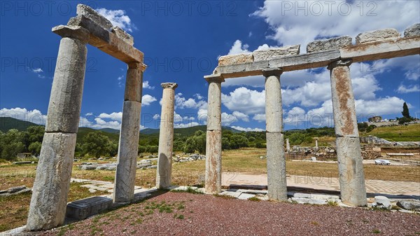 The remains of an ancient columned structure on a sunny day, Stoa of the Agora, Archaeological site, Ancient Messene, capital of Messinia, Messini, Peloponnese, Greece, Europe