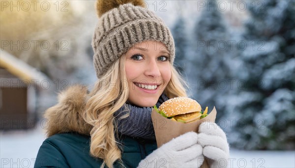 AI generated, human, humans, person, persons, woman, woman, 25, years, one, outdoor, ice, snow, winter, seasons, eats, eating, burger, hamburger, cap, bobble hat, gloves, winter jacket, cold, coldness