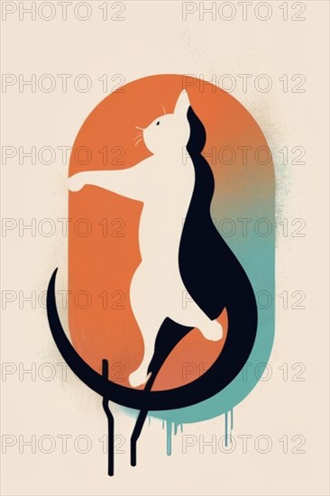 Stylized abstract art of a two-tone cat jumping in front of a rounded backdrop, minimalist vintage design muted faded, bright background, AI Generated, AI generated