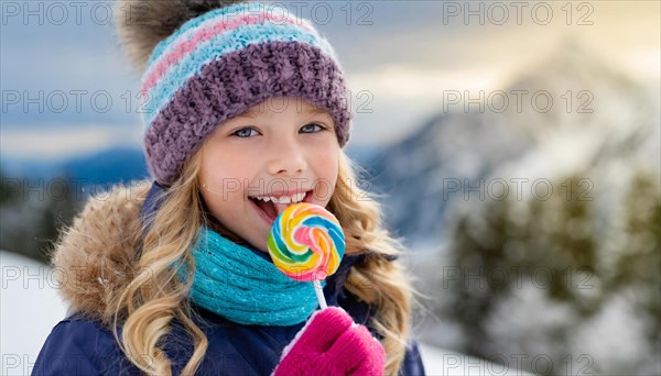 AI generated, Two little girls are happy about a lolly, lollipop, lollipop, human, people, person, persons, child, children, 10, years, two, outdoor, ice, snow, winter, seasons, eats, eating, hat, bobble hat, gloves, winter jacket, cold, coldness