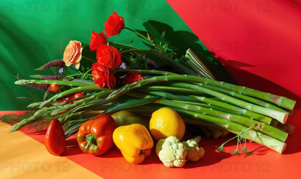 Composition with fresh vegetables and flowers on table against the background of the colored background. AI generated
