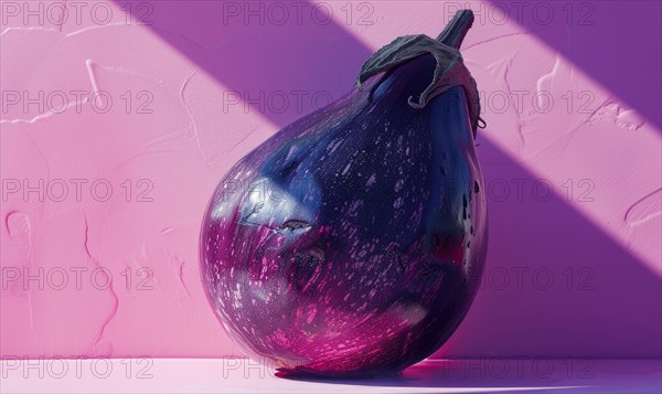 Purple eggplant on a pink background with a shadow from the sun. AI generated