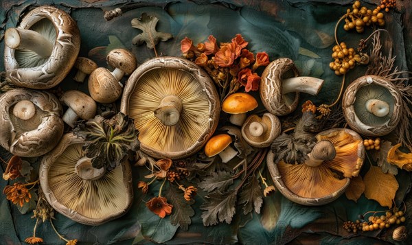Autumn still life with mushrooms and autumn leaves on a blue background AI generated