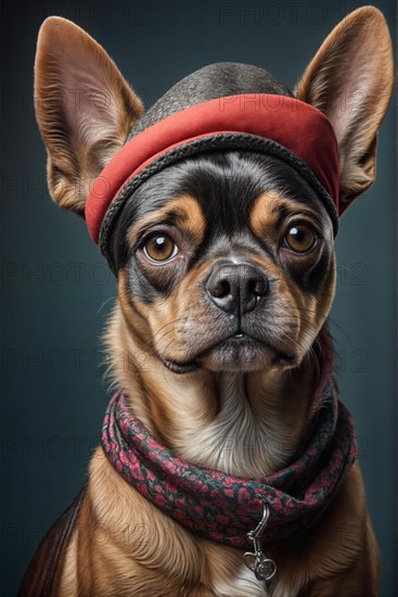 Chihuahua dog wearing a hat and scarf, exuding a serious yet stylish demeanor, over grey solid studio background, AI generated