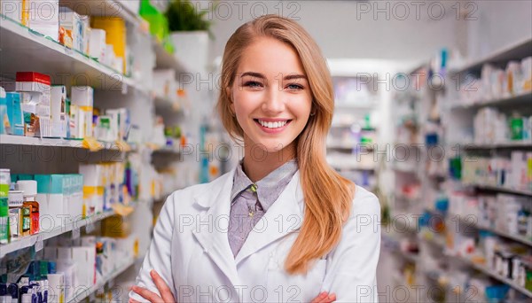 AI generated, A young pharmacist in her pharmacy, portrait, 30, 35, years, female, blonde, blond, blonde, beautiful teeth, smiles, long hair, profession, professions, medicines in the background