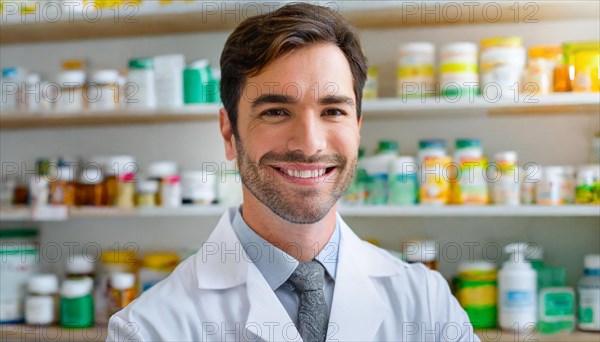 AI generated, A young pharmacist in his pharmacy, portrait, 30, 35, years, man, men, male, bearded, beautiful teeth, smiling, profession, professions, medicines in the background, a person