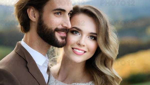 AI generated, human, people, man, men, bearded, dark-haired, woman, blond, blonde, brunette, woman, couple in love, love, affection, tenderness, family, Italian, German, 35, 40, years, German woman, attractive, attractive, two people, portrait, beautiful eyes, beautiful teeth, smile