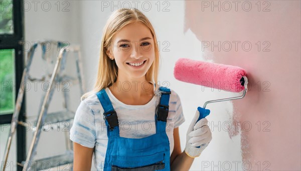 AI generated, woman, woman, a young girl paints a wall with new colour, pink, pink, renovation of old flat, paint roller, ladder, paint, 20, 25, years, one, one person, daughter, student, pastime, family, girl, smiling, smiling, fun at work, laughing, laughing, laughing, dungarees, jeans