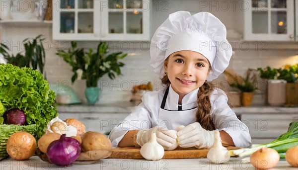 AI generated, human, humans, person, persons, child, children, 8 year old girl cutting onions in a white kitchen, chef hat, smock, cute, cute, beautiful eyes, beautiful teeth, cook, cook, kitchen table, vegetables, onions, garlic