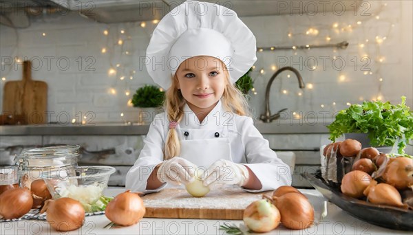 AI generated, human, humans, person, persons, child, children, 8 year old girl cutting onions in a white kitchen, chef hat, smock, cute, cute, beautiful eyes, beautiful teeth, cook, cook, kitchen table, vegetables, onions, garlic