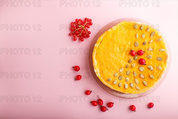Traditional american sweet pumpkin pie decorated with hawthorn red berries and pumpkin seeds on a pink pastel background. top view, flat lay, copy space