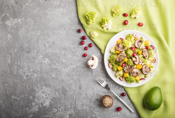 Vegetarian salad from romanesco cabbage, champignons, cranberry, avocado and pumpkin on a gray concrete background and green textile. top view, copy space, flat lay