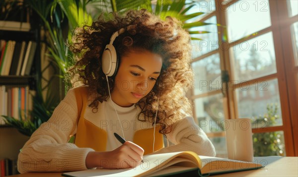 Young girl in headphones focused on studying with a notepad in morning sunlight AI generated