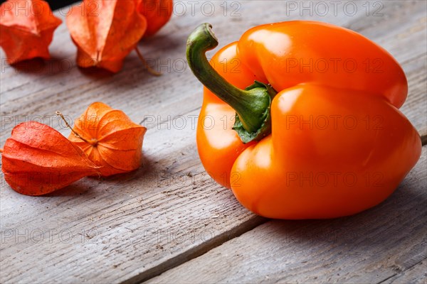 Orange pepper and red physalis on rustic wooden background with copy space