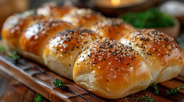 Golden brown baked Japanese bread rolls with sesame and poppy seeds on a wooden board, ai generated, AI generated