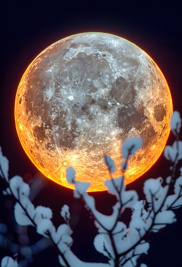 A full moon shining in the bright light rises behind the snow-covered branches of a tree, AI generated, AI generated