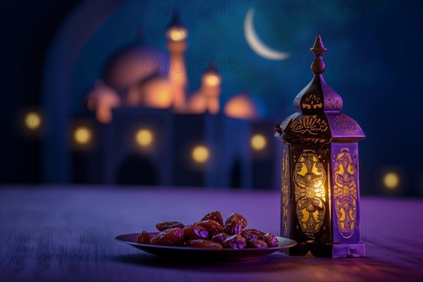 Ramadan lantern with a plate of succulent figs in violet purple tones with mosque and moon, set on an ornate table with intricate designs. Rich traditions and serene moments of the holy month Ramadan, AI generated