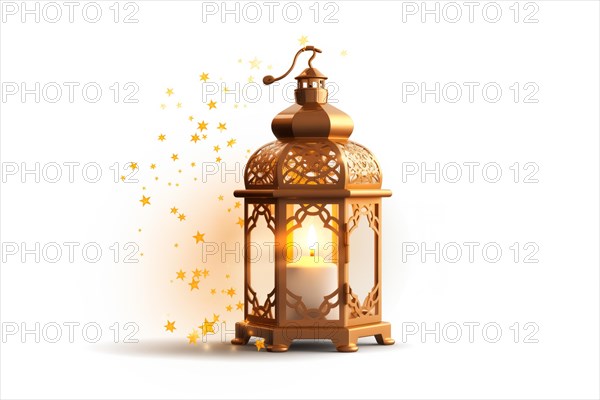 Golden Ramadan lantern on white background emits a warm glow, surrounded by sparkling stars, illustrating the holy month s magical nights, AI generated