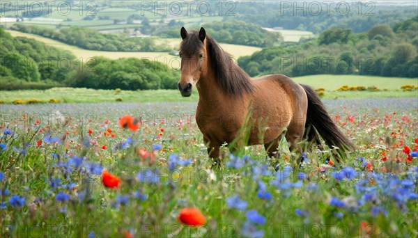 KI generated, animal, animals, mammal, mammals, biotope, habitat, one, individual animal, foraging, wildlife, meadow, pasture, Exmoor pony, horse, horses, ungulates, English pony breed, South West England, Exmoor, (Equus ferus caballus), foal, flower meadow