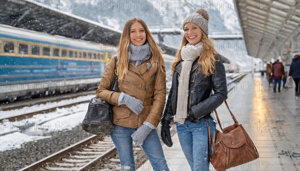 AI generated, Two young blonde woman want to travel and wait for the train at the station, 20, 25, blond, blonde, blonde, modern, noderne, aluminium suitcase, handbag, fur jacket, boots, sexy, attractive, attractive, long-haired, transport, traffic