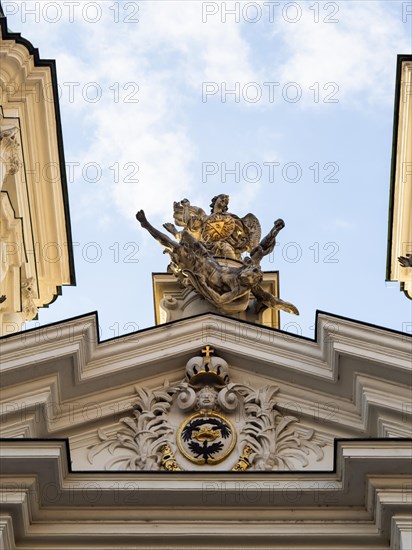 Sculpture, depiction of a saint on the gable of the church, Archangel Michael pushing Lucifer into the depths, Mariahilf Church, Graz, Styria, Austria, Europe