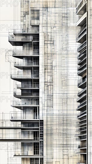 Monochrome architectural blueprint of a multistory residential building, vertical aspect ratio, off white background color AI generated
