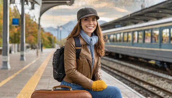 AI generated, A young blonde woman wants to travel and waits for the train at the station, 20, 25, blonde, blond, blonde, modern, modern, aluminium suitcase, handbag, fur jacket, white, sneakers, shoes, sexy, attractive, attractive, long-haired, transport, traffic