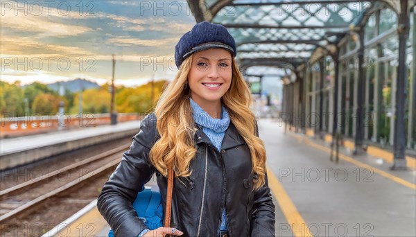 AI generated, A young blonde woman wants to travel and waits for the train at the station, 20, 25, blonde, blond, blonde, modern, modern, aluminium suitcase, handbag, fur jacket, white, sneakers, shoes, sexy, attractive, attractive, long-haired, transport, traffic