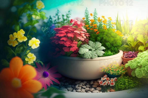 Colorful digital illustration of a lush garden with vibrant colored flowers, Spring garden background illustration, generated ai, AI generated