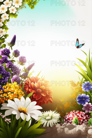 Bright and colorful garden with flowers and a visiting butterfly bathed in a sunbeam, Spring garden background illustration, generated ai, AI generated