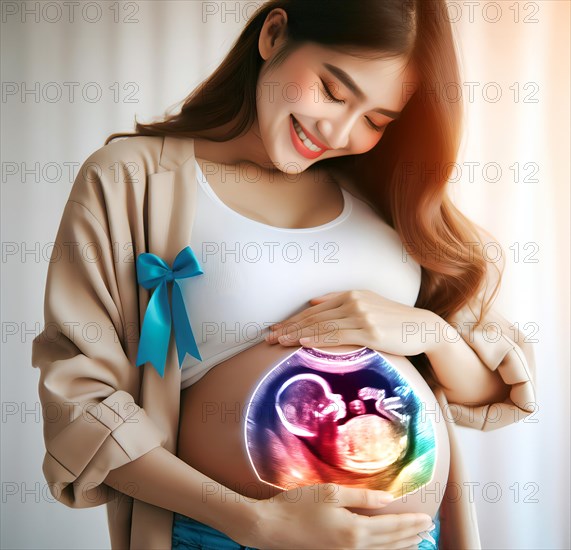 A pregnant young woman with the ultrasound image of her unborn baby in the womb, symbolic image pregnancy, embryo, foetus, desire to have children, AI generated, AI generated